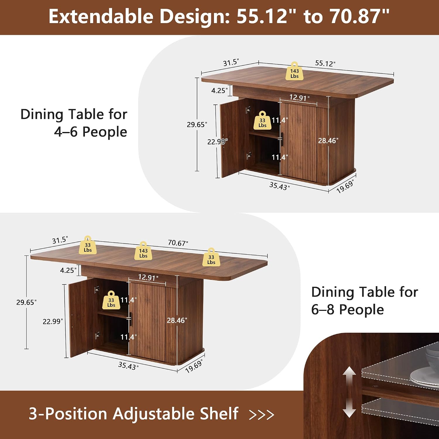 weselon 55'-71' Extendable Dining Table with Storage, Expandable Kitchen Table for 4-6, Space Saving Dining Room Table with Hidden Storage Cabinet, Adjustable Shelves & Fluted Base (Walnut)