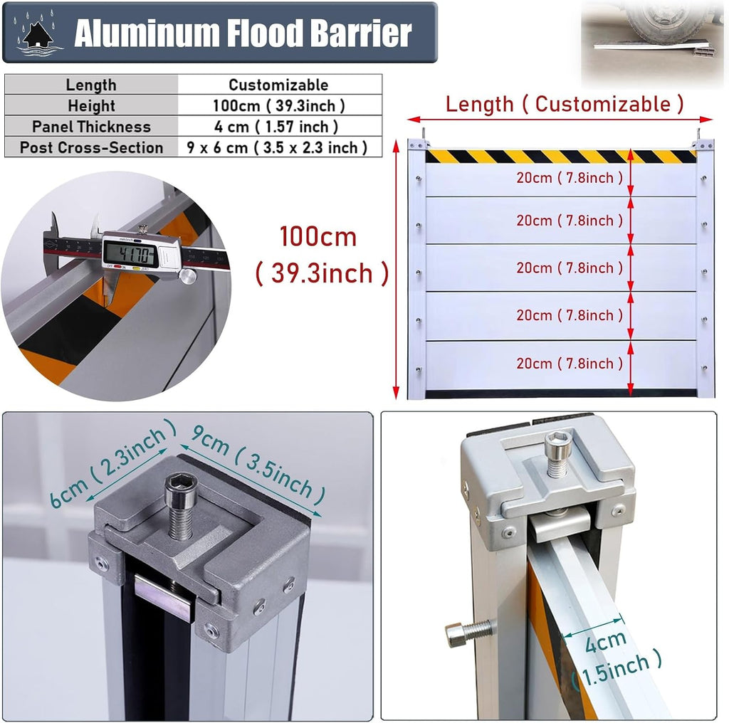 100cm Tall Yard Gate Flood Defense Barrier, Outside Anti-Flood Fence Detachable Unit Module Design, Reusable Flood Control Barrier for Doorway Entrance, Aluminum Flood Prevention Board(Color:W-2.7ft/8