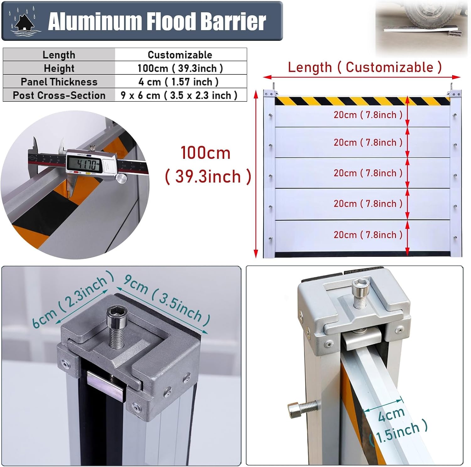 100cm Tall Yard Gate Flood Defense Barrier, Outside Anti-Flood Fence Detachable Unit Module Design, Reusable Flood Control Barrier for Doorway Entrance, Aluminum Flood Prevention Board(Color:W-2.7ft/8