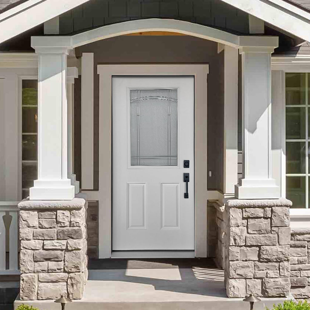 Durable 36 in. x 80 in. Composite Fiberglass Entry Door – 1/2 Lite 2-Panel Decorative Glass, Prehung Exterior Front Door, Left-Hand Inswing, Finished White, Ready to Install