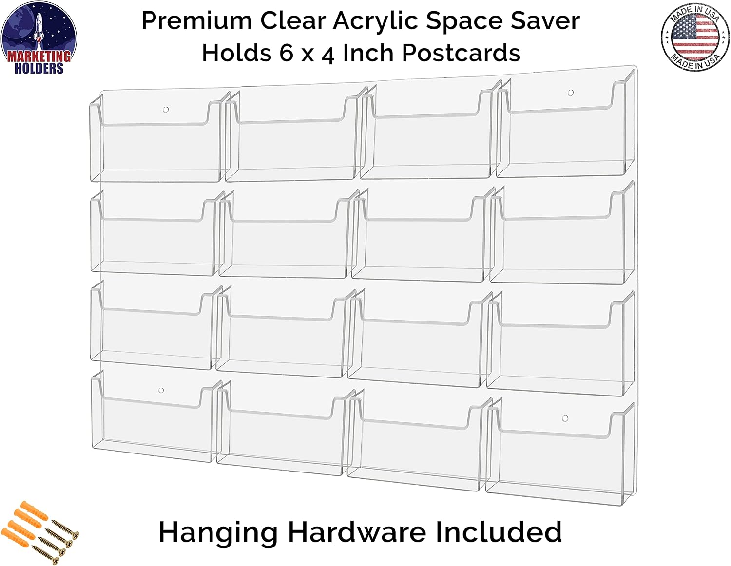 Marketing Holders Post Card Holder Acrylic 16 Pockets Holds 6' Printed Media Hanging Hardware Included Use at Real Estate Offices Hotels Resorts Convention Centers Hotels Eye Catching Clear