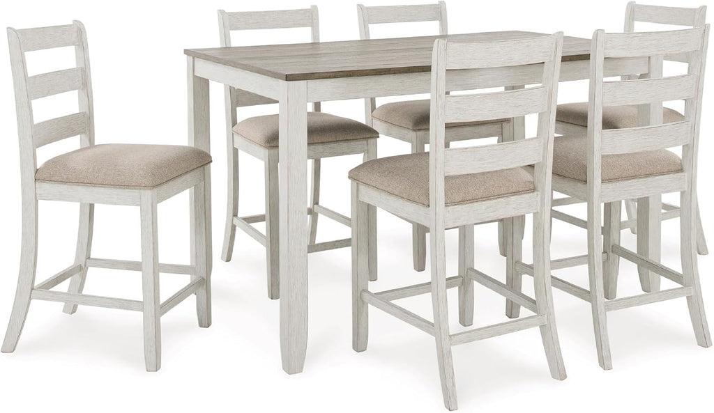 Signature Design by Ashley Skempton Modern Farmhouse Counter Height Dining Table and Upholstered Bar Stools, Set of 7, White & Light Brown