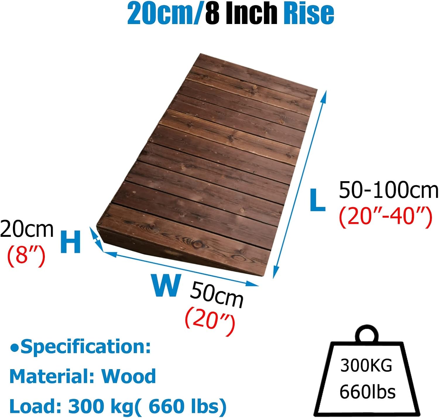 Wooden 8 Inch Height Outdoor Curb Ramp for Cars Bikes Wheelchair Motorcycle Durable Entry Ramp for Doorway Threshold/Wheelchair Walker 75x50x20cm