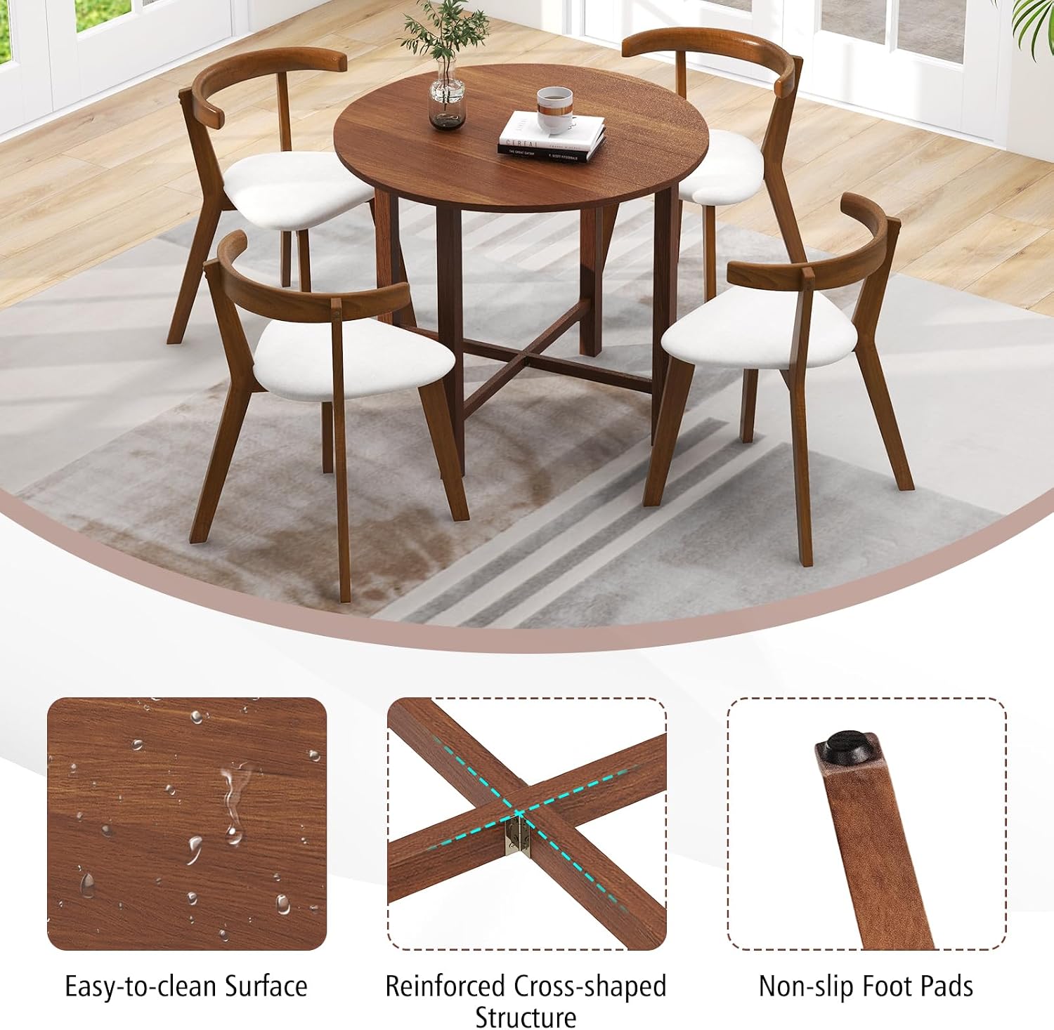 Giantex 36' Folding Dining Table for 2-4, Extendable Drop Leaf Kitchen Table with Solid Rubber Wood Frame, Space-Saving Round Dinner Table for Small Space, Living Dining Room, Dinette, Walnut