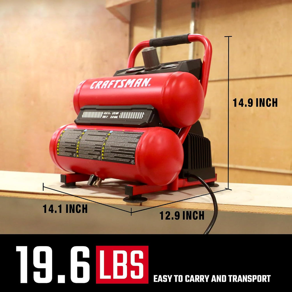 Craftsman 2-Gallon Air Compressor, 1/3 HP Oil-Free Twin Tank, 125 PSI Max – Portable & Quiet Air Tool for Home DIY, Tire Inflation, Nailing & Spray Painting, Compact for Easy Storage
