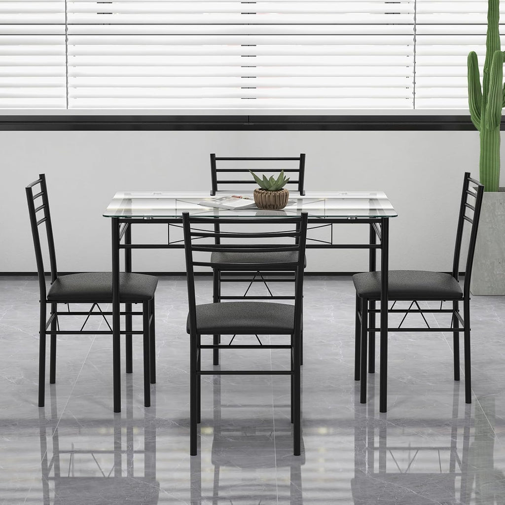 Giantex 5 Piece Dining Table Set, Kitchen Dining Set with Tempered Glass Table Top and 4 Upholstered Chairs, Dinette Set for 4 for Breakfast Nook Dining Room Kitchen (Black)