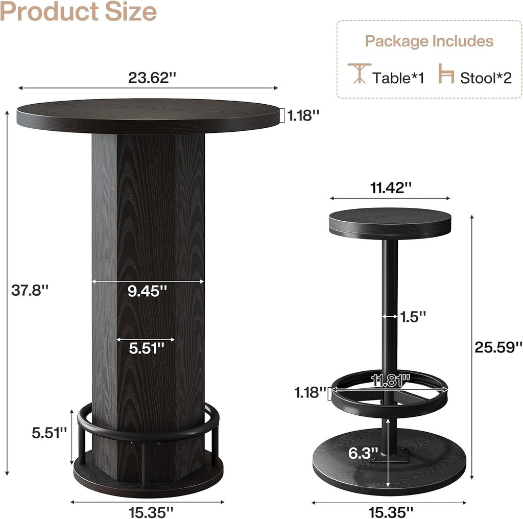Tribesigns 3-Piece Dining Table Set for 2, Small Round Kitchen Table with 2 Chairs,Black Counter Height Bar Table, Pub Table for Small Space, Apartment, Bistro