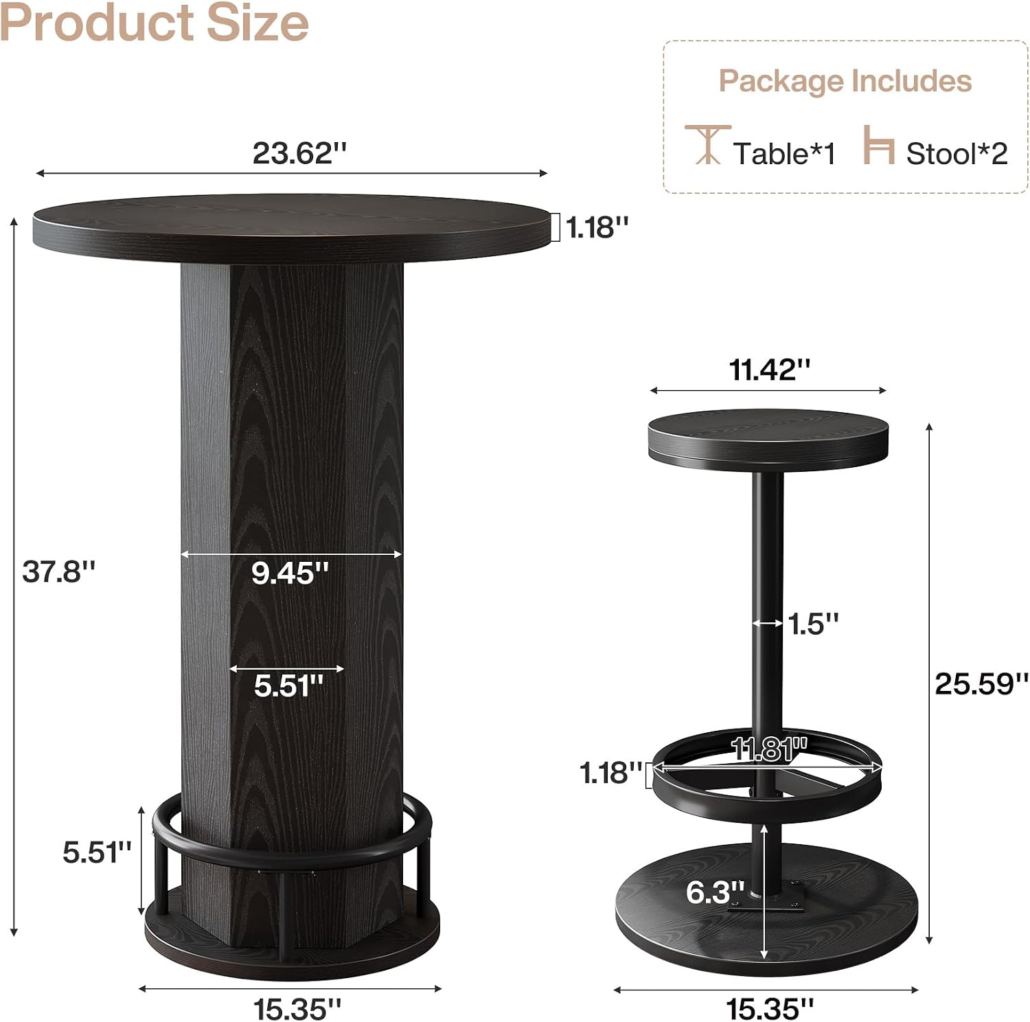 Tribesigns Round Commercial Dining Table Set of 4, 23.6' Heavy Duty Bar Table with Chairs, Wooden Kitchen Table for Restaurant, Cafe, Bakery, Apartment, Rustic Brown & Black
