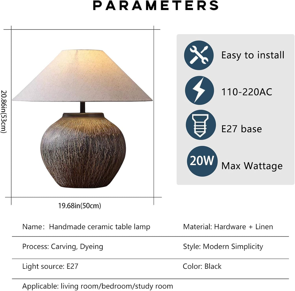 PURESILKS Farmhouse Hammered Pot Table Lamp, Rustic Handmade Ceramic Table Lamp,20.86' Tall Desk Lamp Country Style with Linen Drum Lampshade for Living Room Bedroom Nightstand Home Office