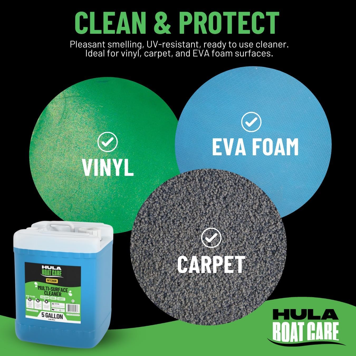 Hula Multi-Surface Cleaner — EVA Foam, Vinyl, and Carpet, 5 Gallon — Bulk Marine Interior Cleaner for Detailers and Fleets, Biodegradable, Made in USA