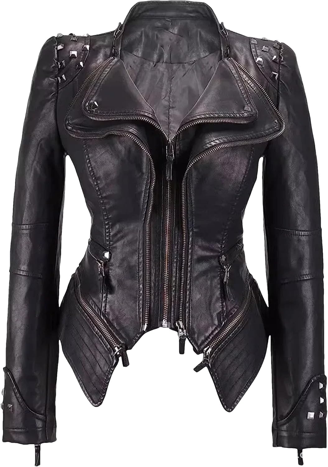 Women's Washed Pu Leather Jacket - Short Turn-Down Collar With Rivet Details Spring Autumn Wear