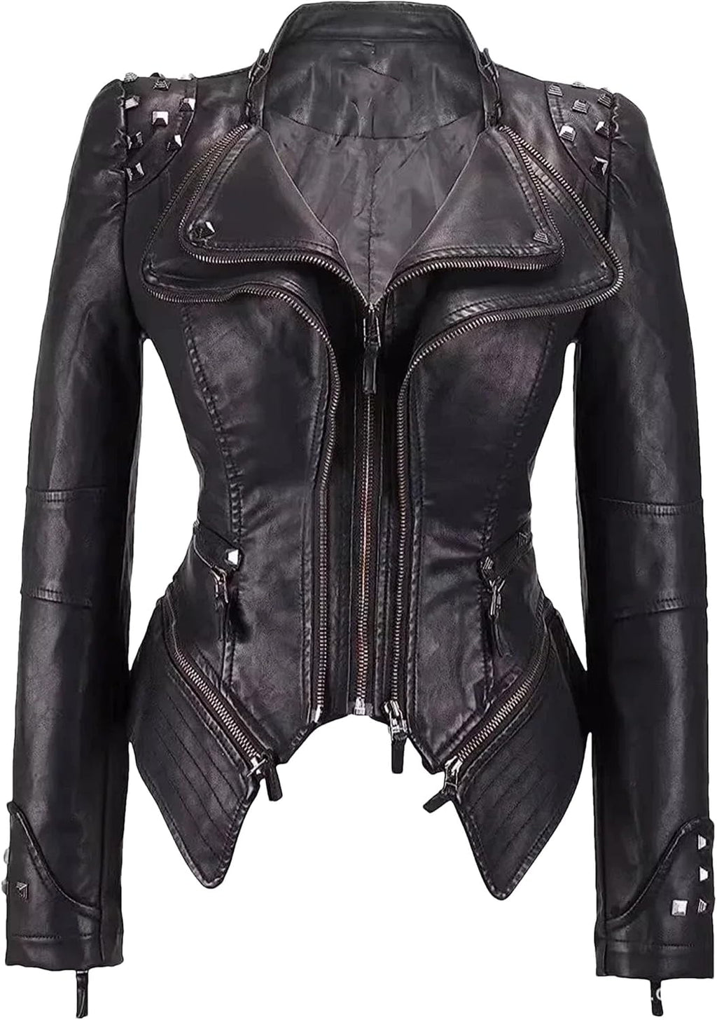 Women's Washed Pu Leather Jacket - Short Turn-Down Collar With Rivet Details Spring Autumn Wear