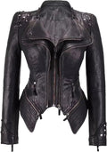 Women's Washed Pu Leather Jacket - Short Turn-Down Collar With Rivet Details Spring Autumn Wear