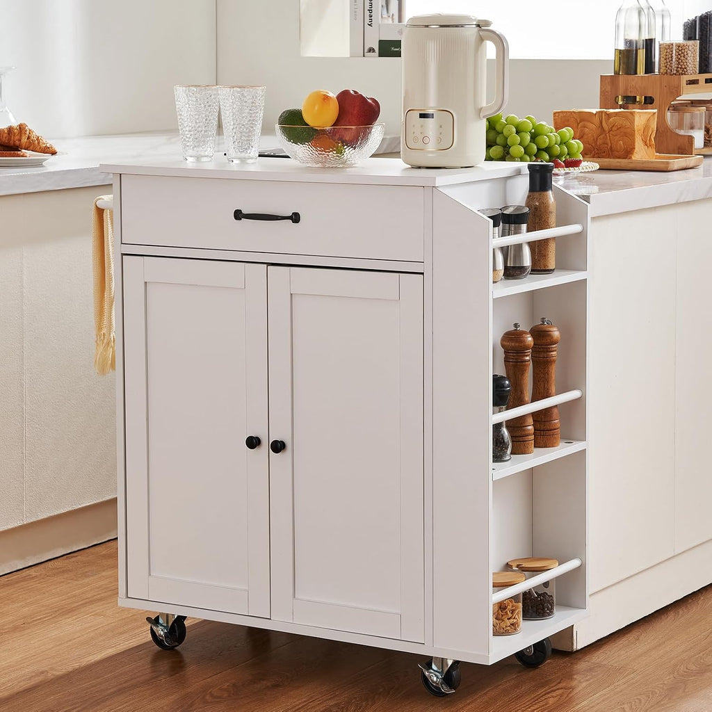 VEVOR Kitchen Island Cart, 32' Mobile Carts with Storage Cabinet, Rolling Table with Power Outlet, Spice Rack, Towel Bar, Adjustable Shelf, Drawer, Dining Living Room Portable Islands on Wheels, White