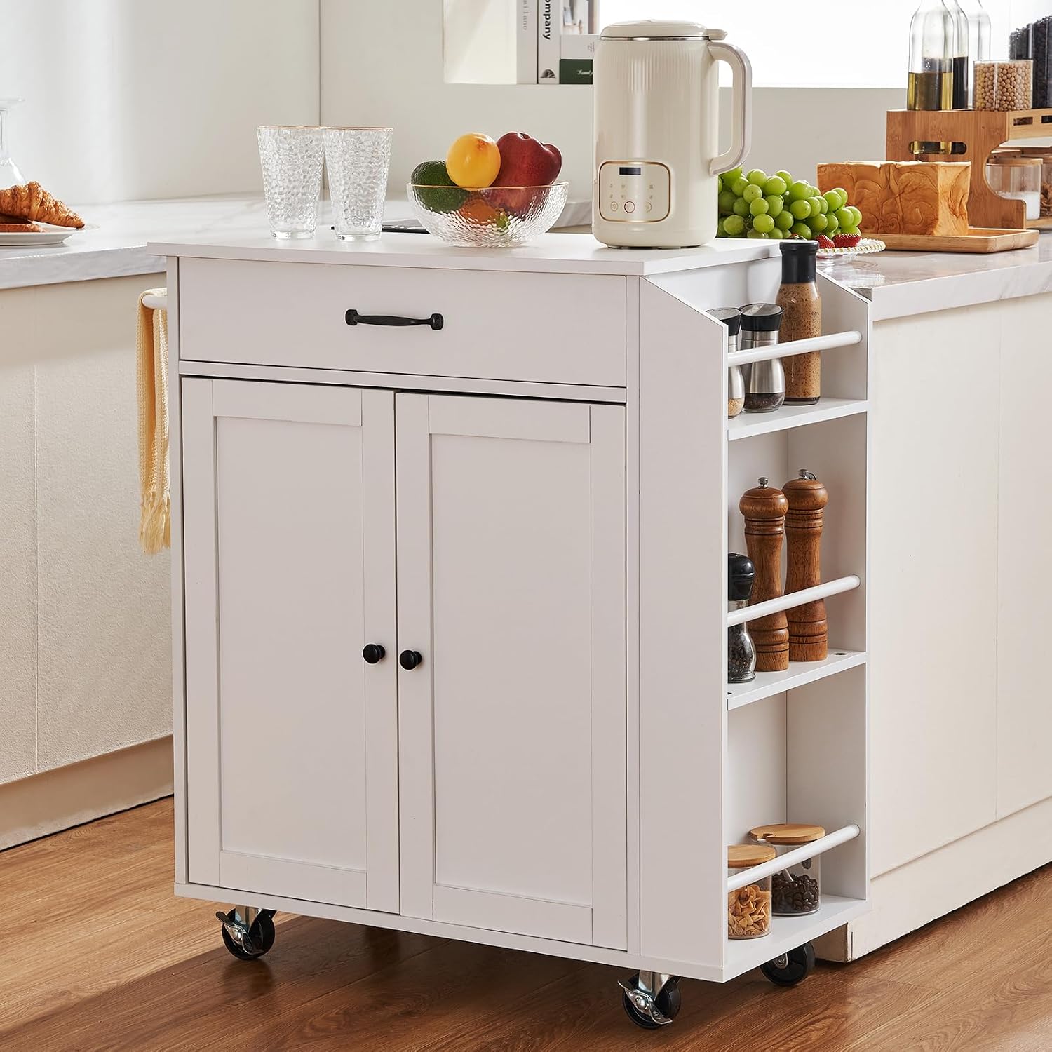 VEVOR Kitchen Island Cart, 32' Mobile Carts with Storage Cabinet, Rolling Table with Power Outlet, Spice Rack, Towel Bar, Adjustable Shelf, Drawer, Dining Living Room Portable Islands on Wheels, White