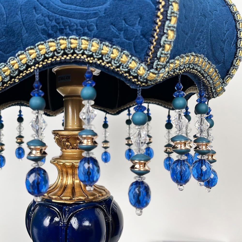 Meefad Victorian Table Lamp, Vintage Bedside Lamp with Beaded Fringe, Handpainted Resin Base, Elegant Night Light Accent Lamp for Bedroom Reading Nightstand (Dark Blue)