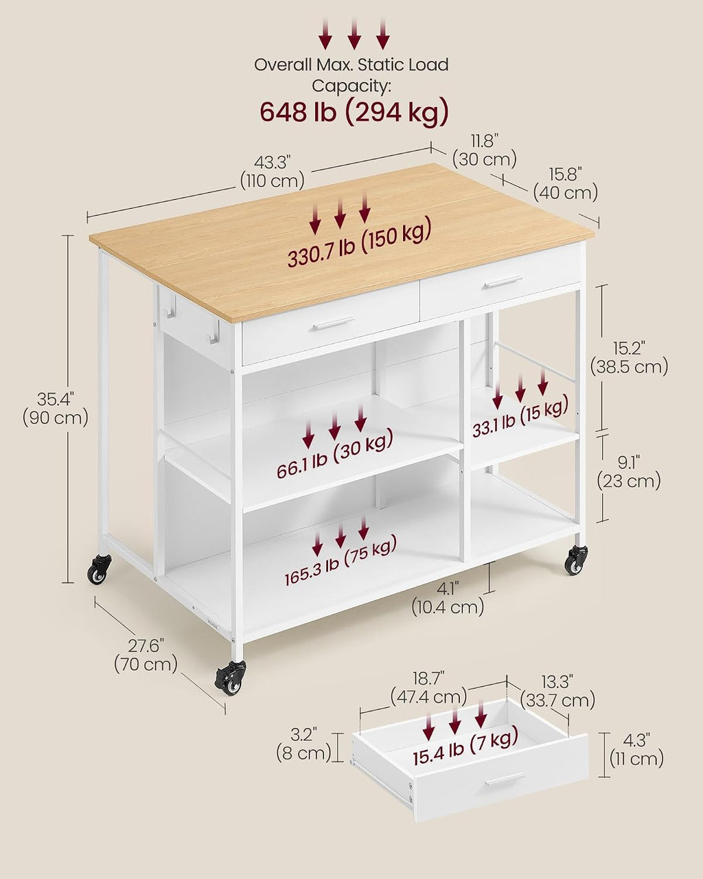 VASAGLE Kitchen Rolling Island, Mobile Kitchen Cart with Storage on Wheels, 27.6 x 43.3 x 35.4 Inches, 2 Drawers, 2 Hooks, for Dining Room, Oak Beige and Matte White UKKI011Y01