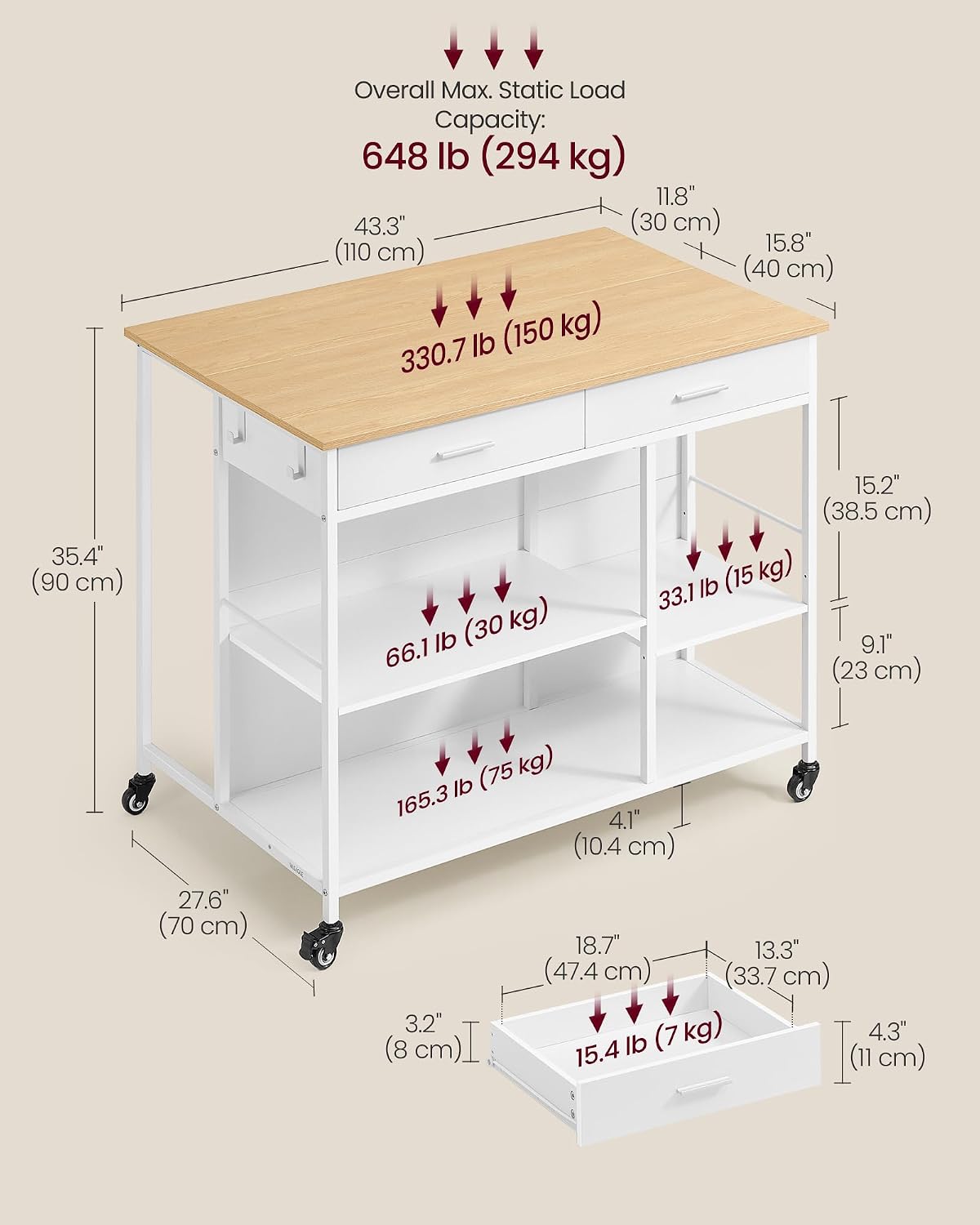 VASAGLE Kitchen Rolling Island, Mobile Kitchen Cart with Storage on Wheels, 27.6 x 43.3 x 35.4 Inches, 2 Drawers, 2 Hooks, for Dining Room, Oak Beige and Matte White UKKI011Y01