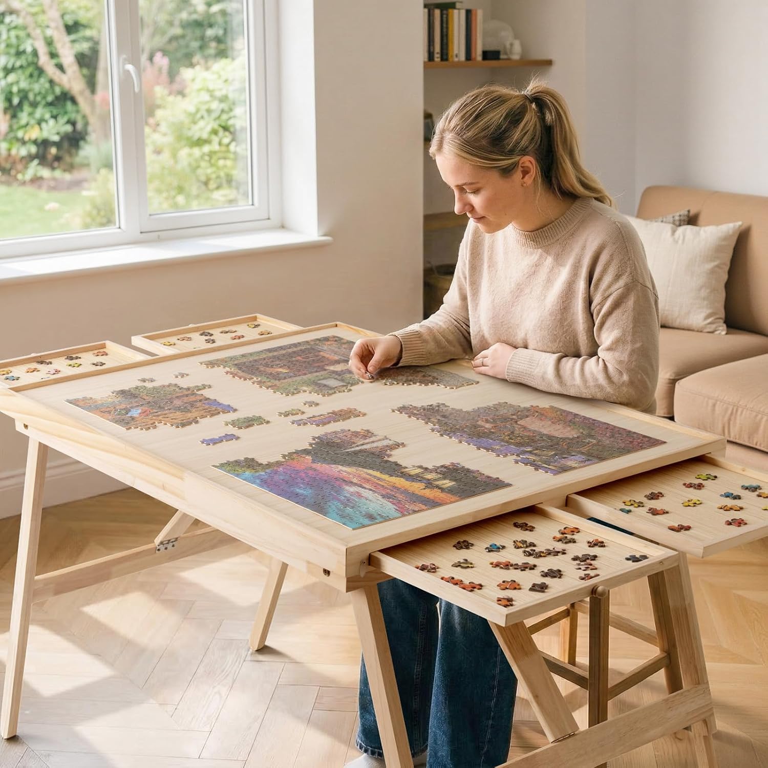 TEAKMAMA 27.6' H Tall 2000 Piece Puzzle Table with Legs, 41' W x 28.5' D Large Wood Folding Jigsaw Puzzle Board with Cover for Adults, 4 Drawers, Nature