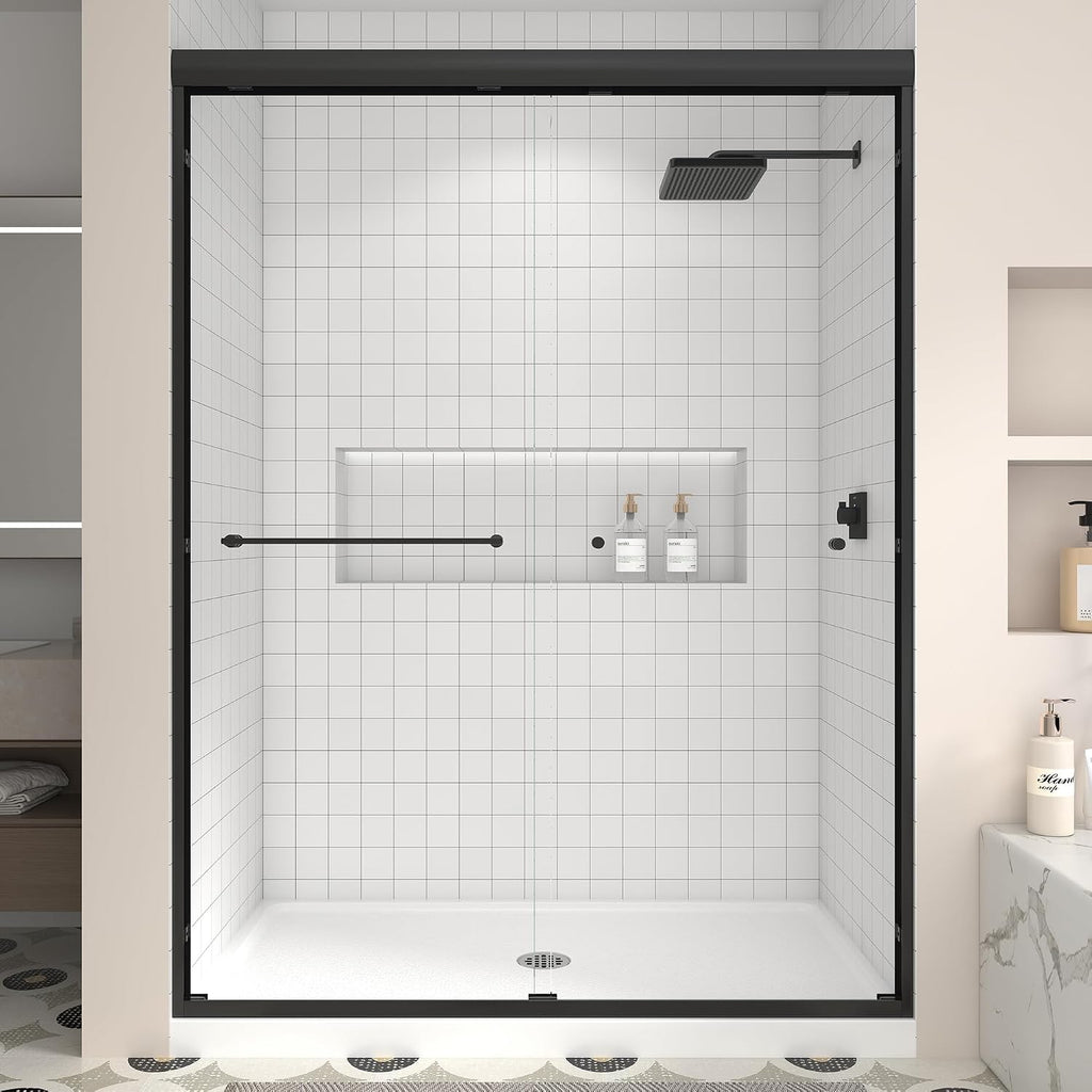 43-48' W x 70' H Upgraded Double Sliding Shower Door, Semi-Frameless Shower Door with Explosion-Proof Film and Nano Coating, 1/4' (6MM) SGCC Tempered Glass, Matte Black Finish