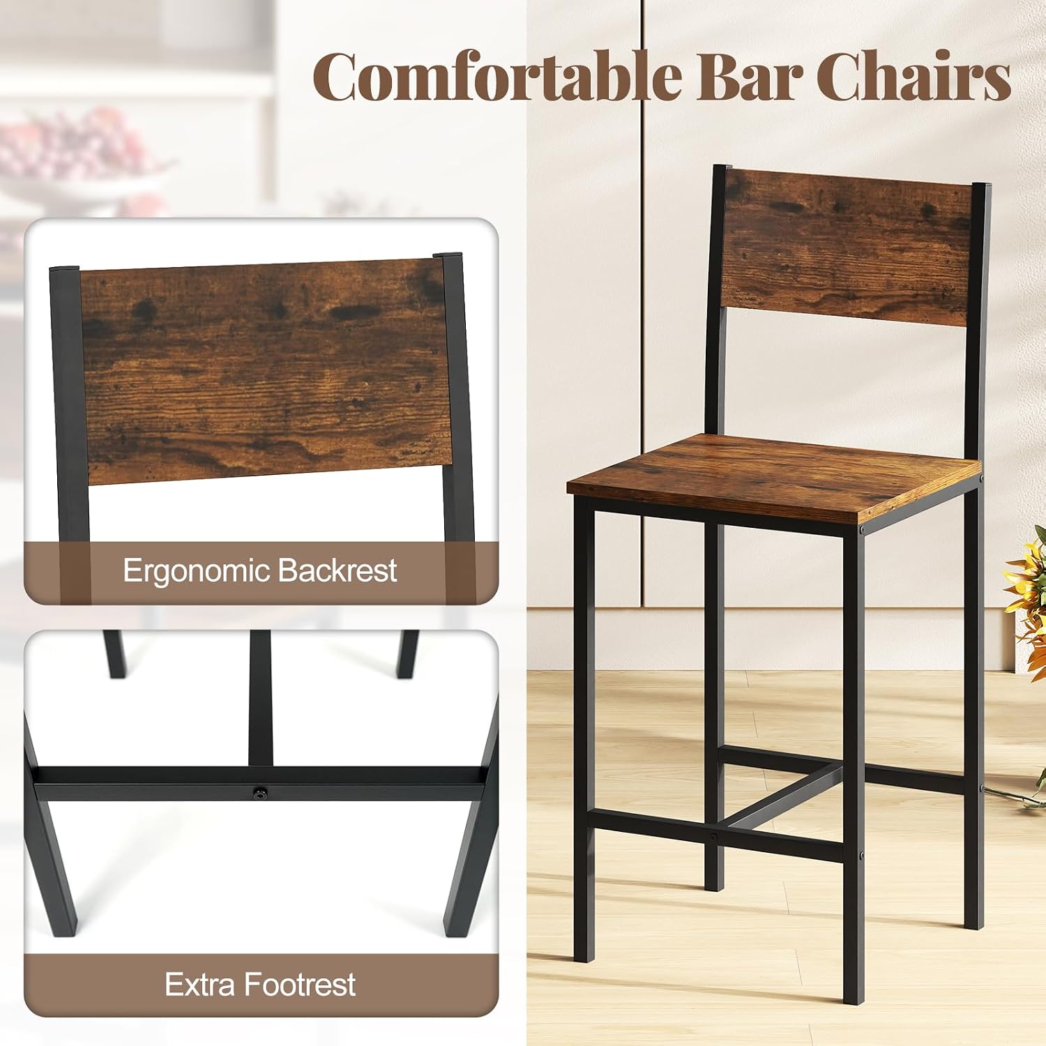Giantex 3-Piece Bar Table and Chair Set with 2 Counter Height Bar Stools, Breakfast Nook Table Set for Small Space, Dinette, Pub, Kitchen, Apartment, Restaurant, Dining Table Set for 2 (Brown)