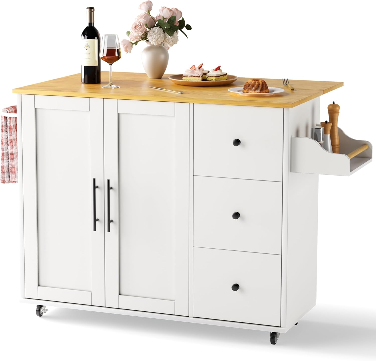 GRUSIGN Kitchen Island on Wheels with Storage-Multifunctional Kitchen Island Cart with Drop Leaf, Rolling Island with Spice/Towel Rack,Expandable Island Table Kitchen,39.37' Width,White