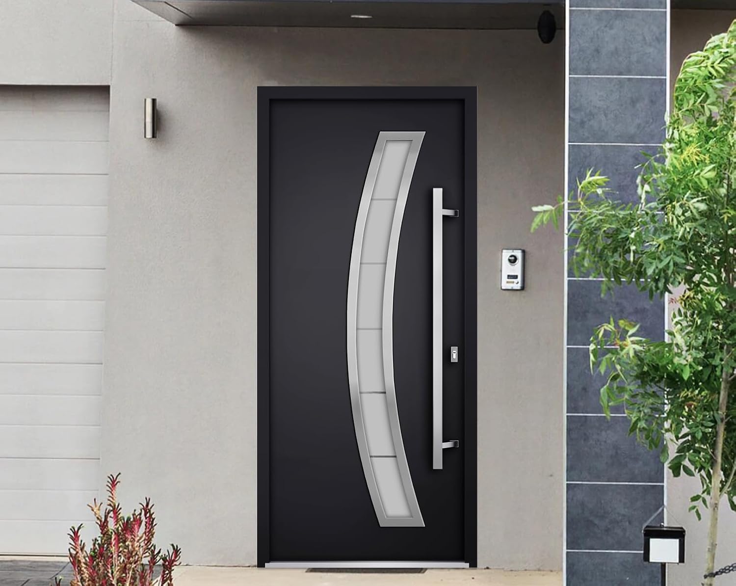 VDOMDOORS Front Exterior Prehung Steel Door/Deux 6500 Black/Stainless Inserts Single Modern Painted-W36 x H80-Left-hand Inswing