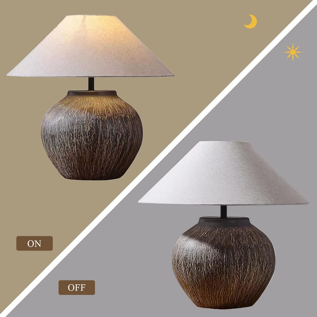 PURESILKS Farmhouse Hammered Pot Table Lamp, Rustic Handmade Ceramic Table Lamp,20.86' Tall Desk Lamp Country Style with Linen Drum Lampshade for Living Room Bedroom Nightstand Home Office
