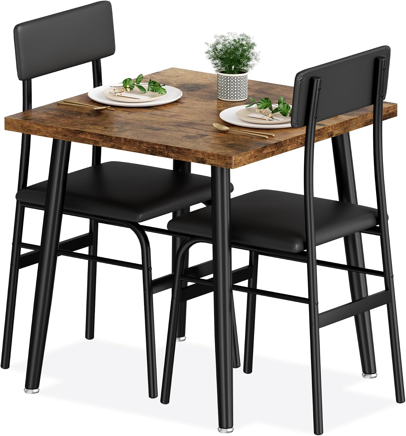 IDEALHOUSE Small Dining Table Set for 2, 3 Piece Kitchen Table Set with 2 Upholstered Chairs, Breakfast Table for Samll Space, Dining Room, Apartment, Restaurant, Rustic Brown