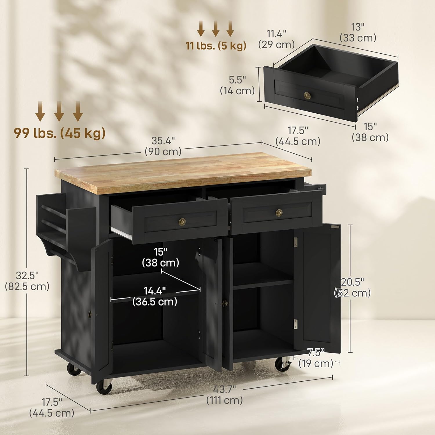 HOMCOM Kitchen Island Cart with Solid Wood Top, 44' Mobile Kitchen Island Table on Wheels with Storage Cabinets, 2 Drawers, Adjustable Shelves, Spice Rack & Towel Bar for Dining Room, Black