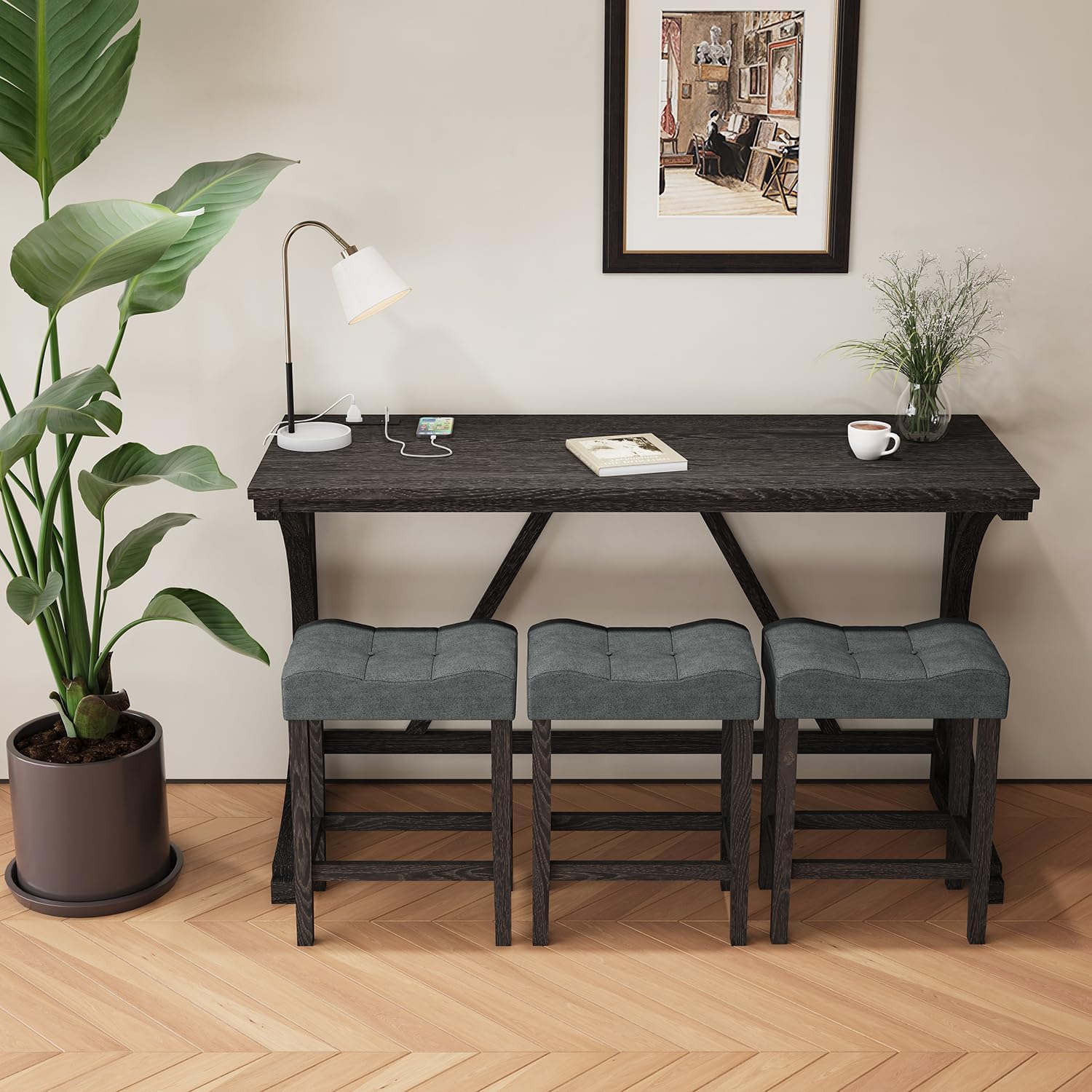 allamazing 4-Piece Counter High Bar Table Set with Socket and 3 Fabric Padded Bar Stools, Tall Kitchen Breakfast Nook with Stool, Black
