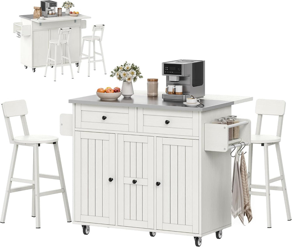 DWVO Kitchen Island with Seating, Mobile Kitchen Storage Island with Drop Leaf Countertop, Large Kitchen Island Table with Drawers, Cabinets, Bar Stools, Towel Rack and Spice Rack, White