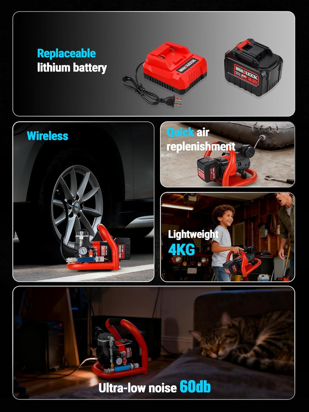Ultra Quiet Cordless Air Compressor Compatible with for Makita Battery,Portable Air Compressor Oil Free 18V 18.5V 21V,60dB,Small Lightweight Universal for Woodwork Nailing Car Pneumatic Tool