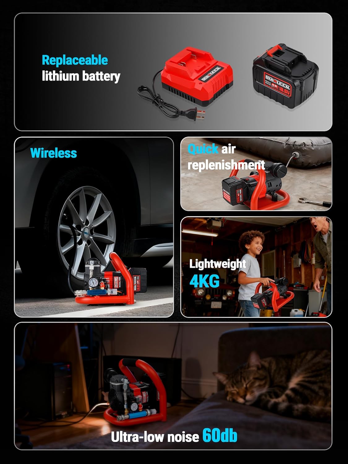Ultra Quiet Cordless Air Compressor Compatible with for Makita Battery,Portable Air Compressor Oil Free 18V 18.5V 21V,60dB,Small Lightweight Universal for Woodwork Nailing Car Pneumatic Tool
