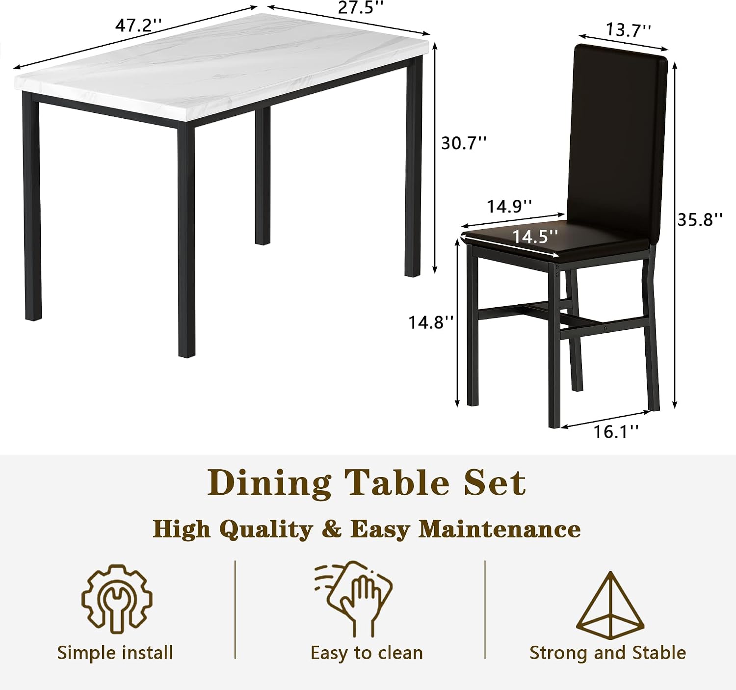 Hooseng Dining Table Set for 4, Modern Faux Marble Kitchen Table with 4 PU Leather Chairs, 5 Piece Dining Room Sets for Dinette, Breakfast Nook, Black