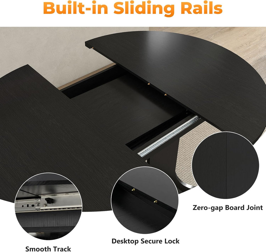 Zevemomo 43'-59' Round Expandable Dining Table, Extendable Dining Room Table for 4-6, Oval Tabletop with Wood Base Removable Leaf, Modern Black Circle Dinner Table for Kitchen Room Living Room