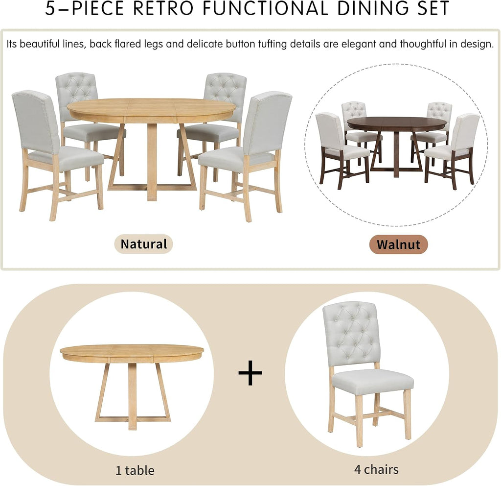 Bellemave 5-Piece Dining Table Set, Extendable Round Dining Table with 16' Removable Leaf, 4 Upholstered Button Tufted Chairs, Acacia Veneer Tabletop (Natural)