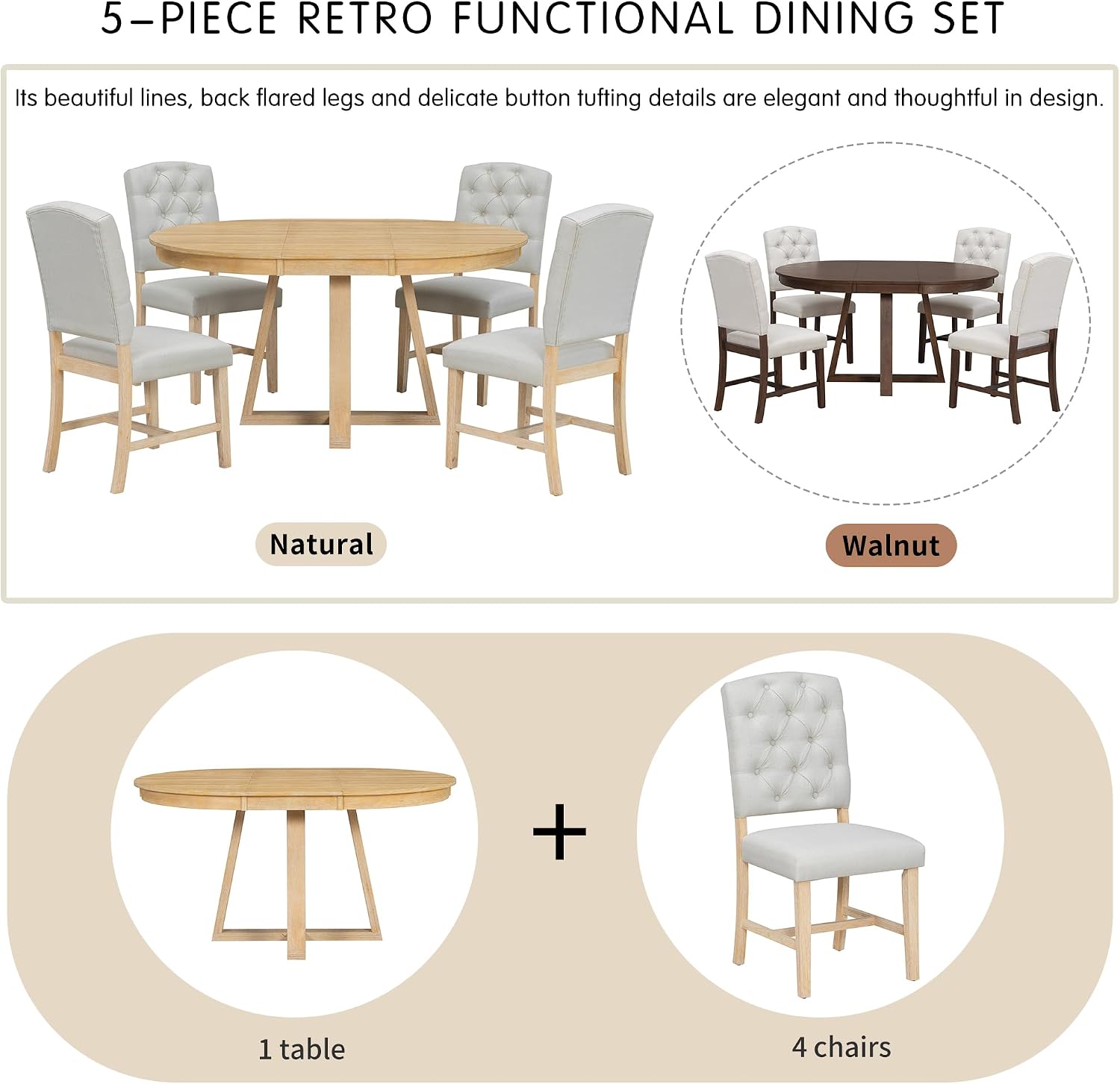 Bellemave 5-Piece Dining Table Set, Extendable Round Dining Table with 16' Removable Leaf, 4 Upholstered Button Tufted Chairs, Acacia Veneer Tabletop (Natural)