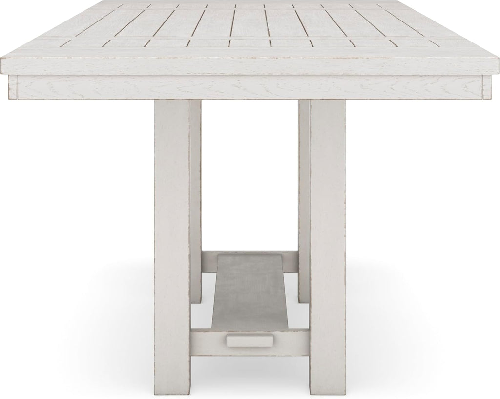 Signature Design by Ashley Robbinsdale Farmhouse Distressed Counter Height Dining Extension Table with Trestle Base, Planked Effect and 2 Removable End Leaves, White