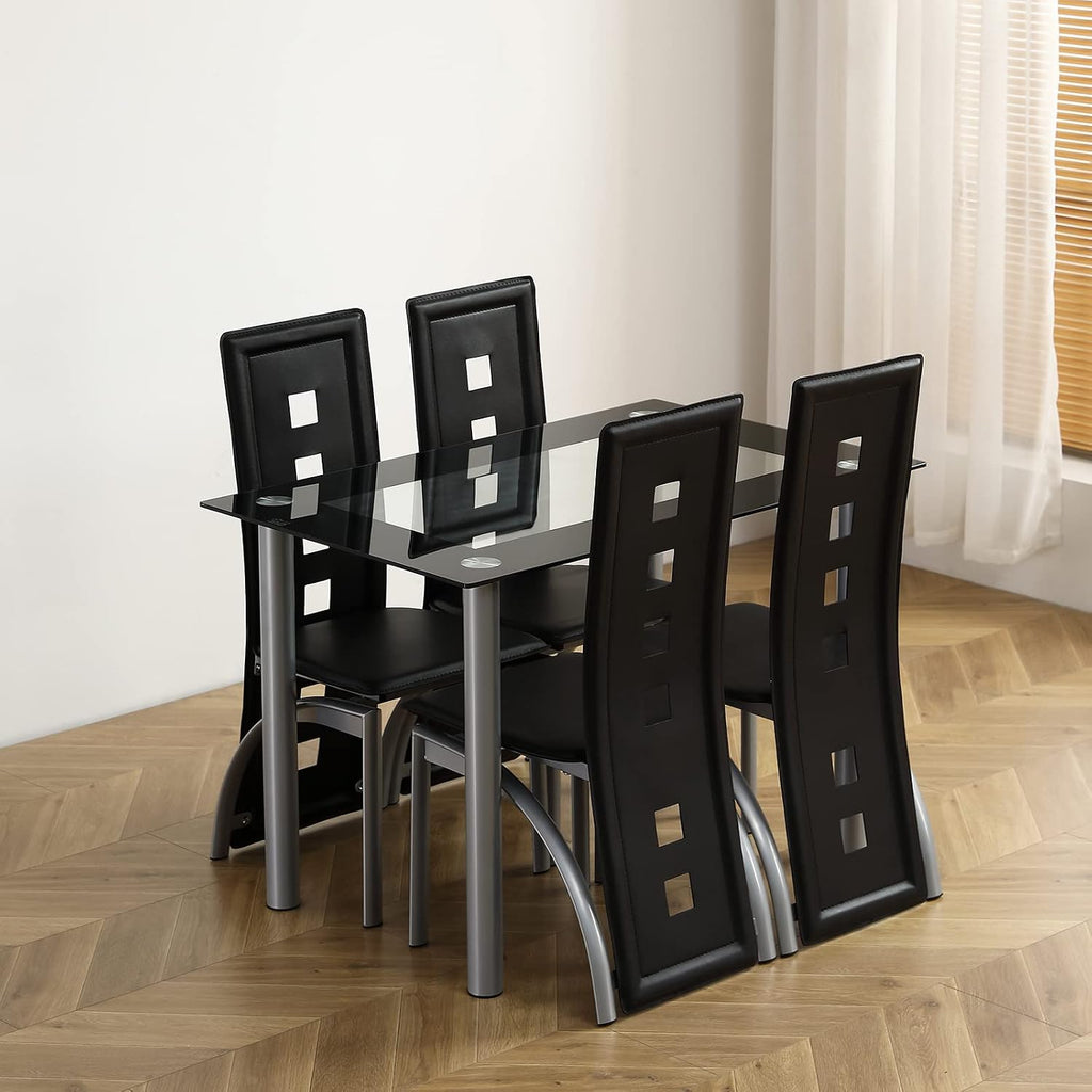 Karl home 5-Piece Dining Table Set with 1 Glass Dining Table and 4 PVC Chairs, Modern Dining Table Set for Kitchen & Breakfast Dining Living Room, Space Saving