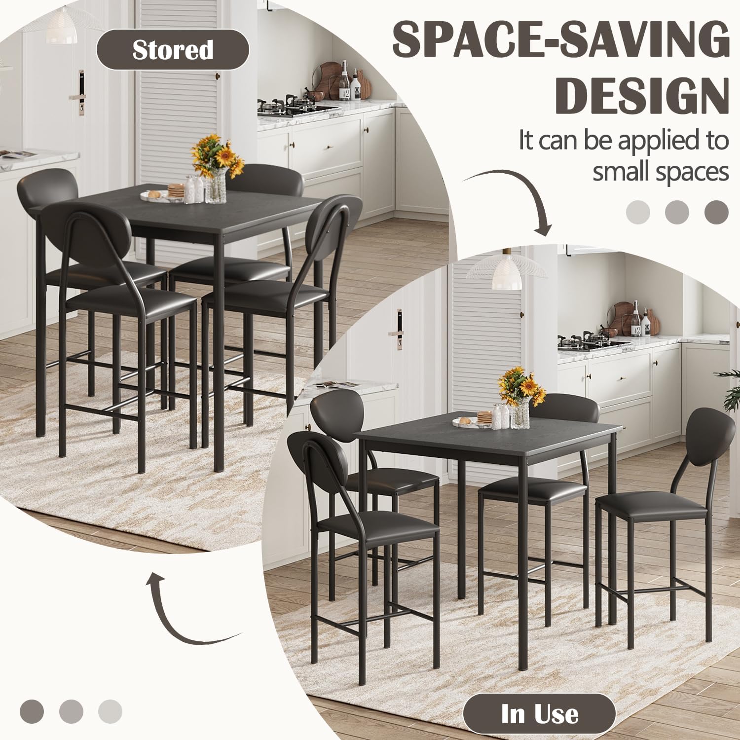 EROMMY Dining Table Set for 4, Modern Kitchen Table and Chairs with PU Leather Upholstery, Wood Dining Table with Chairs for Small Space, Dining Room, Gray