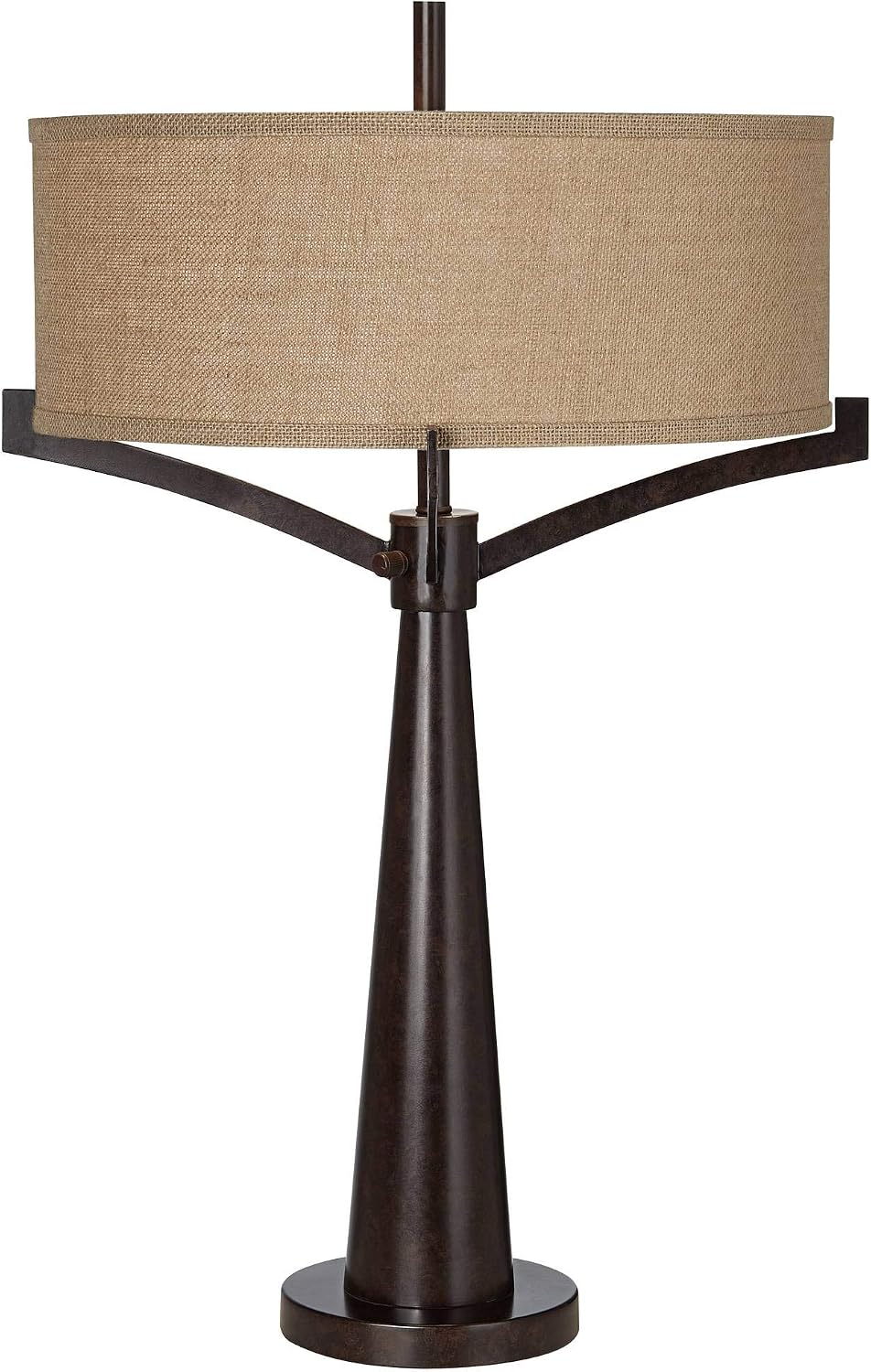 Franklin Iron Works Tremont Mid Century Modern Industrial Table Lamps 31.5' Tall Set of 2 Rich Bronze Iron Burlap Fabric Drum Shade for Living Room Bedroom House Bedside Nightstand Home Office
