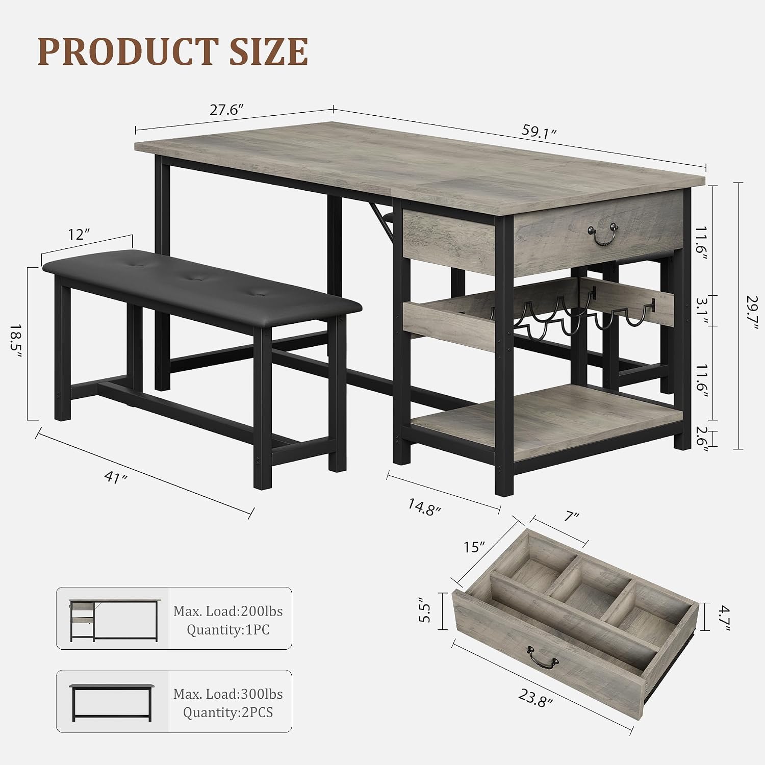 GarveeHome Dining Table Set for 4, Kitchen Dining Table Set with Upholstered Benches, Kitchen Dining Room Table with Storage Drawers & Wine Rack for Small Space, Light Grey