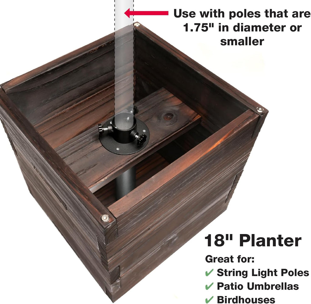 Extra Large Decorative Wooden Planter with Universal Pole Support for String Light Poles, Umbrellas, Bird Feeders. Solid Wood Outdoor Garden Patio Box for Plants or Flowers, 17'x17'x18', Brown