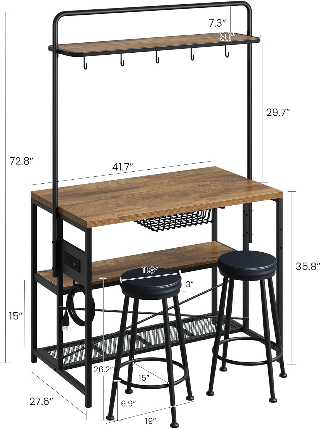 Garvee Kitchen Island with Power Outlet & 2 Bar Stools, Industrial Bakers Rack with 3-Tier Shelves & 5 Hooks, Microwave Stand Coffee Bar Table for Dining Room, Living Room, Apartment