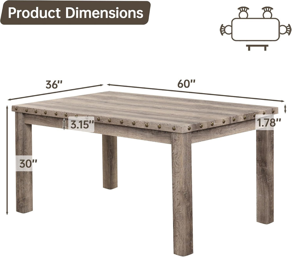 Morden Fort Farmhouse Rectangular Wooden Dining Table, Rustic 60' Kitchen & Dining Room Table with Woodgrain Tabletop, Rivet Accents & Solid Wood Legs