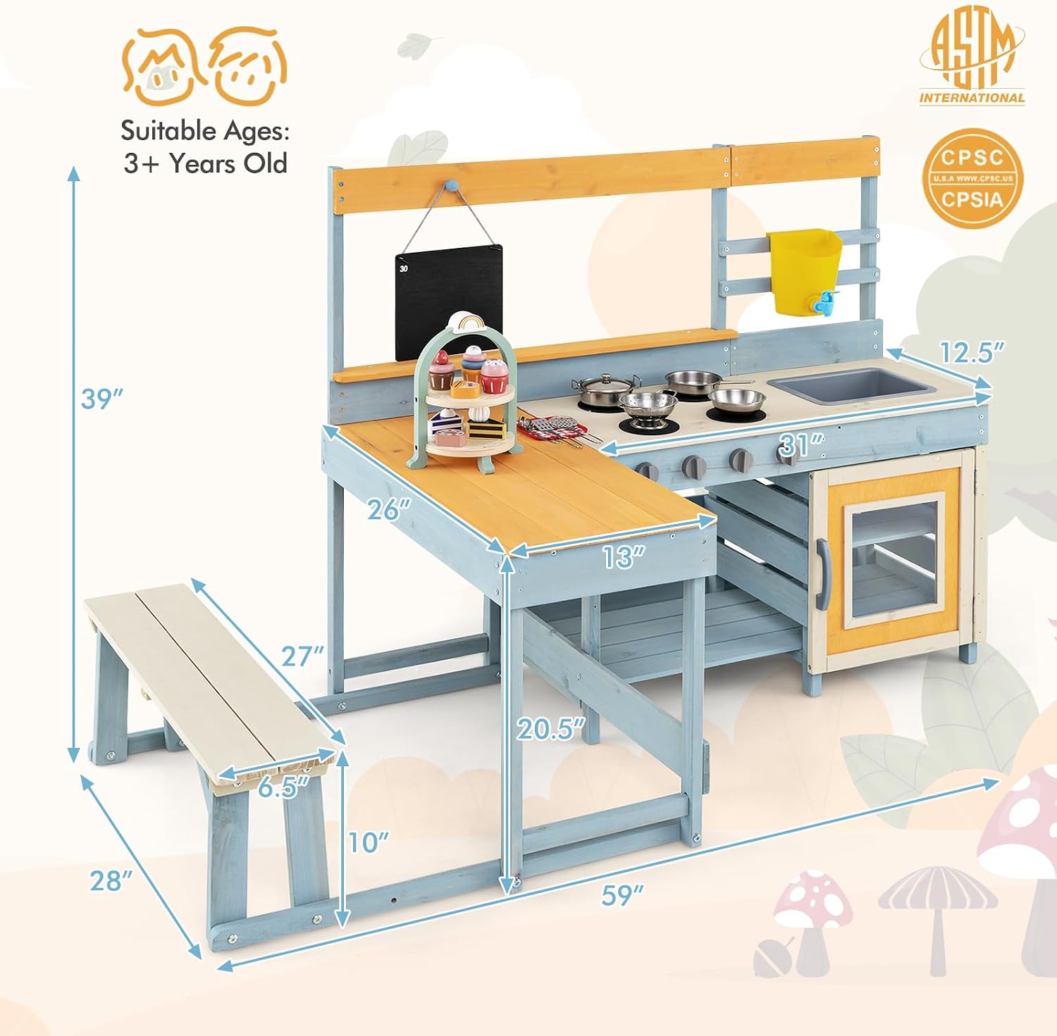 Costzon 2-in-1 Mud Kitchen & Kids Picnic Table, Fir Wood Kids Kitchen Playset with Seat, Wooden Tea Party Set, Cooking Accessories, Blackboard, Outdoor Play Kitchen, Gift for Girls Boys Ages 3+