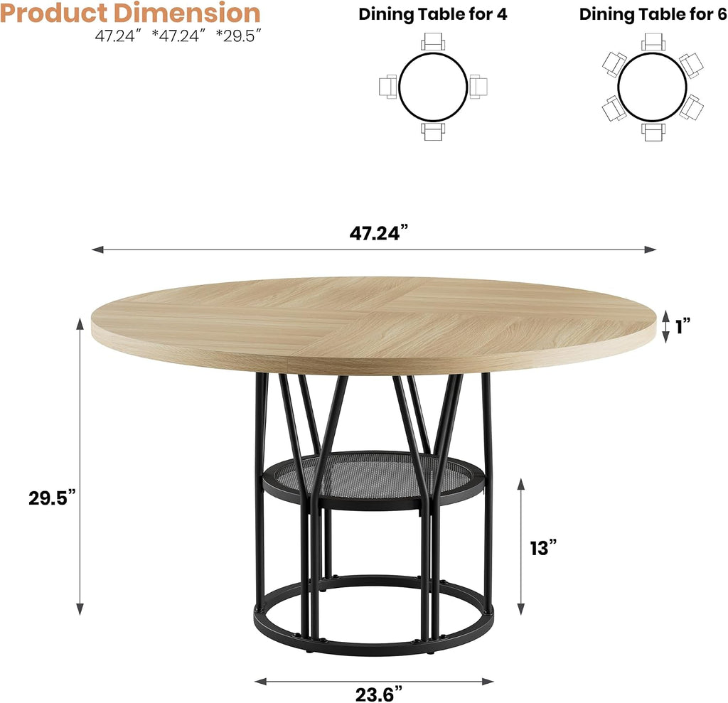 Garvee Round Dinning Table for 4-6 - 47' Circle Dinner Table with Storage Shelf & Sturdy Metal Frame, Modern Breakfast Tea Desk for Kitchen, Living Room, Apartment, Office, Natural
