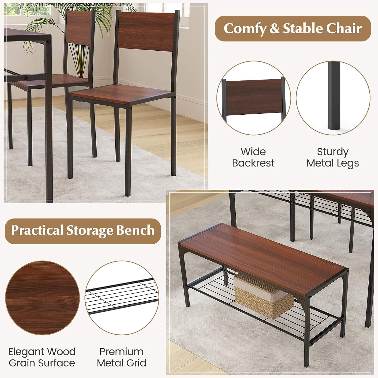 COSTWAY 4 Pieces Dining Table Set, Kitchen Table and 2 Chairs for 4 with Bench, Storage Racks, Metal Frame & Space-Saving Design, Industrial Kitchen Table Set for Small Space, Apartment (Walnut)