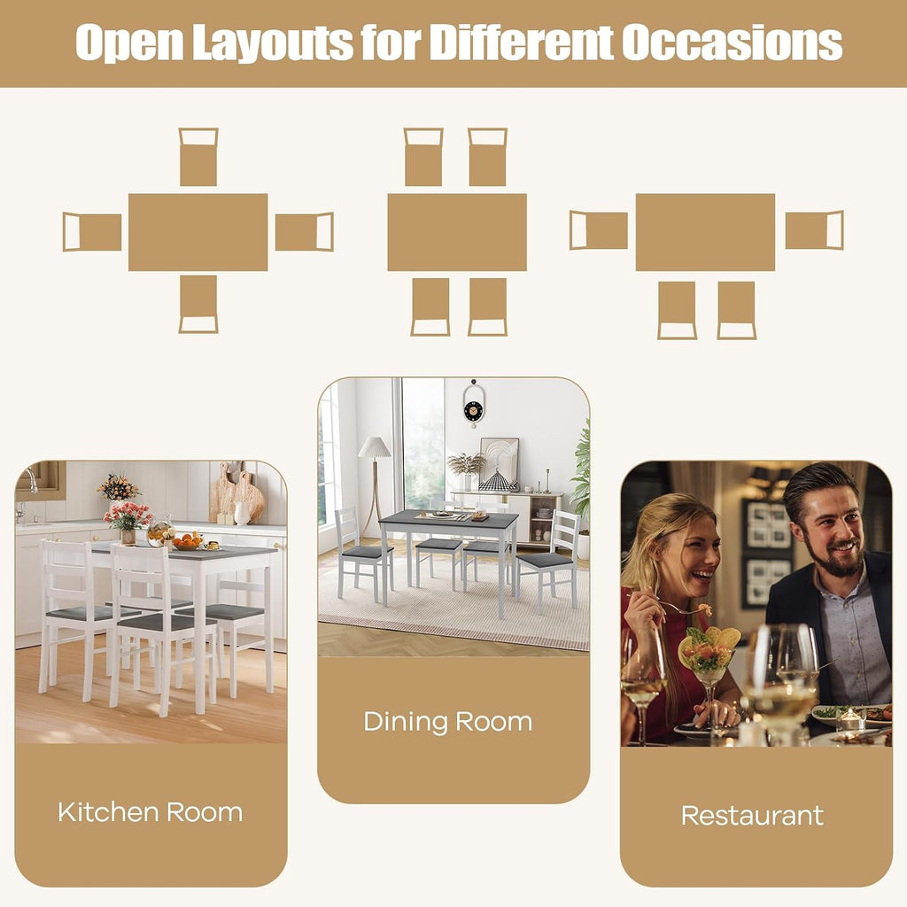 NAFORT 5 Piece Dining Table Set for 4, Farmhouse Solid Wood Kitchen Table Chairs Set of 4, Mid-Century Modern Dinette Set w/Rubber Wood Legs, Dining Room Table and 4 Chairs for Kitchen